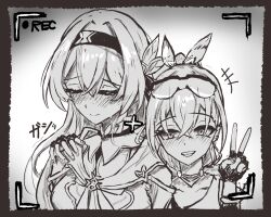 2girls black_hairband blush closed_eyes closed_mouth cropped_jacket eyewear_on_head firefly_(honkai:_star_rail) grey_hair hair_between_eyes hair_ornament hairband highres honkai:_star_rail honkai_(series) multiple_girls neckerchief open_mouth recording silver_wolf_(honkai:_star_rail) smile tefutefufu v_arms viewfinder