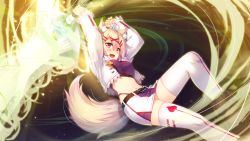 Rule 34 | 1girl, animal ears, aristear remain, arms up, astronauts, astronauts comet, belt, blonde hair, blush, boots, breasts, eyebrows, female focus, fighting stance, fox ears, game cg, highres, holding, holding sword, holding weapon, jacket, kiryuu koma, kokusan moyashi, legs, long sleeves, looking at viewer, magic, midriff, navel, open mouth, pink eyes, rozea, serious, short hair, simple background, skirt, small breasts, solo, sword, tail, thighhighs, thighs, weapon