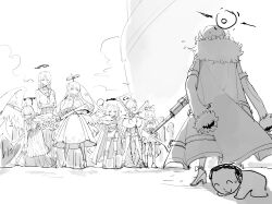 1boy 6+girls absurdres aru_(blue_archive) blue_archive coat coat_on_shoulders commentary_request doodle_sensei_(blue_archive) flying_sweatdrops greyscale gun h&amp;k_psg1 halo hasumi_(blue_archive) highres hina_(blue_archive) holding holding_gun holding_weapon hoshino_(blue_archive) lanchester_smg legs_apart lever_action long_hair mika_(blue_archive) monochrome multiple_girls neru_(blue_archive) parack rifle sensei_(blue_archive) shotgun sig_mpx sig_sauer sniper_rifle standing submachine_gun sweatdrop tsurugi_(blue_archive) weapon wide_shot winchester_model_1887 wings