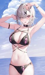 Rule 34 | 1girl, ahoge, breasts, cleavage, collarbone, eyes visible through hair, grey hair, gurumyuu, hair ornament, hair over one eye, highres, large breasts, looking at viewer, mole, mole under eye, nijisanji, open mouth, purple eyes, solo, sukoya kana, virtual youtuber, x, x hair ornament