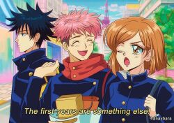 Rule 34 | 1girl, 2boys, artist name, bag, black eyes, black hair, blue sky, carrying bag, city, closed eyes, closed mouth, cloud, commentary, day, english commentary, english text, fushiguro megumi, hanavbara, itadori yuuji, jujutsu kaisen, jujutsu tech uniform, kugisaki nobara, looking ahead, looking to the side, multiple boys, one eye closed, open mouth, orange eyes, orange hair, pink hair, retro artstyle, school uniform, shopping, shopping bag, short hair, shoulder bag, sky, spiked hair, subtitled, tokyo (city)