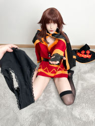 Rule 34 | 1girl, absurdres, asymmetrical legwear, barefoot, belt, black cape, black gloves, black hat, black panties, black thighhighs, blunt bangs, brown hair, cape, cosplay, cosplay photo, dress, feet, fingerless gloves, gloves, hat, highres, holding, holding unworn clothes, holding panties, holding underwear, holding unworn clothes, kono subarashii sekai ni shukufuku wo!, long hair, long sleeves, looking at viewer, maebari, megumin, megumin (cosplay), mismatched legwear, mole, orange trim, outstretched arm, panties, photo (medium), pout, pov, pov hands, reaching, reaching towards viewer, red dress, red eyes, sidelocks, single thighhigh, soles, solo, stelarhoshi, thighhighs, underwear, unworn headwear, witch hat