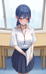 1girl :o absurdres averting_eyes blue_hair blue_skirt blush breasts commentary_request flying_sweatdrops highres holding holding_paper indoors inoue_iori lanyard medium_breasts office_lady original paper pleated_skirt ponytail pov shirt shirt_tucked_in sidelocks skirt solo tile_floor tiles white_shirt yukimaru_ai