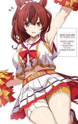 1girl aged_up animal_ears arm_up armpits breasts cheerleader ear_ornament english_text highres horse_ears horse_girl horse_tail medium_hair multicolored_hair nice_nature_(umamusume) pom_pom_(cheerleading) sheita streaked_hair tail umamusume