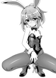 1girl :/ animal_ears bare_shoulders blush bow bowtie breasts commentary_request detached_collar fake_animal_ears greyscale high_heels highleg highleg_leotard highres idolmaster idolmaster_cinderella_girls leotard looking_at_viewer medium_hair monochrome namonashi pantyhose playboy_bunny ponytail rabbit_ears simple_background small_breasts solo squatting strapless strapless_leotard wrist_cuffs yuuki_haru