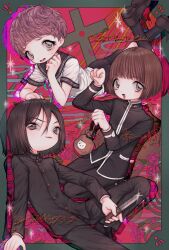 1girl 2boys amane_gymnasium black_shoes black_socks border brown_eyes brown_hair character_request closed_mouth creator_connection cross eyelashes gakuran grey_border hair_between_eyes highres holding holding_knife jaibo knife litchi_hikari_club long_sleeves looking_at_another looking_at_viewer lying multiple_boys on_stomach open_mouth paw_pose sailor_collar school_uniform shirt shoes short_hair short_sleeves skirt smile socks teiichi_no_kuni white_shirt zudzuki