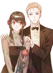 1boy 1girl black_bow black_bowtie black_dress black_hair black_pants black_suit blonde_hair blue_eyes bow bowtie breasts cleavage collarbone couple dashimakick dress dress_shirt facing_viewer flower formal_clothes hair_between_eyes hair_bun hair_flower hair_ornament hand_on_another&#039;s_shoulder highres holding holding_flower husband_and_wife long_hair looking_at_another mature_female mature_male pants red_eyes red_flower red_rose rose see-through_clothes see-through_dress shirt short_hair sidelocks simple_background smile spy_x_family suit twilight_(spy_x_family) white_background white_shirt yor_briar