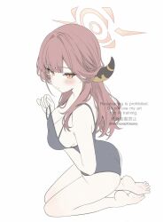 1girl alternate_costume aru_(blue_archive) ass bare_legs barefoot black_one-piece_swimsuit blue_archive blunt_bangs blush breasts cleavage closed_mouth clothes_pull commentary demon_girl demon_horns feet flat_color from_side full_body hair_intakes hair_on_horn halo highres horns kneeling large_breasts long_hair looking_at_viewer momonexmomo one-piece_swimsuit one-piece_swimsuit_pull orange_eyes pink_hair pink_halo pulling_own_clothes seductive_smile sideboob sidelocks simple_background sketch smile soles solo strap_slip swimsuit thighs toes tsurime twitter_username watermark white_background