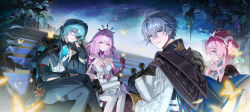 2boys 2girls absurdres anaxa_(honkai:_star_rail) aqua_eyes aqua_hair black_coat black_pants black_tiara blue_cape breasts bug butterfly butterfly_on_hand cape castorice_(honkai:_star_rail) coat commentary_request crossed_legs dress drill_hair elbow_gloves eyepatch flower gloves green_hair hair_flower hair_ornament hat highres holding holding_scroll honkai:_star_rail honkai_(series) hyacine_(honkai:_star_rail) insect long_hair lucky_mimi12 medium_breasts medium_hair multicolored_hair multiple_boys multiple_girls night night_sky outdoors pants phainon_(honkai:_star_rail) pink_hair purple_eyes purple_gloves purple_hair red_hat scroll short_hair sitting sitting_on_stairs sky stairs tiara twin_drills two-tone_hair white_dress white_hair