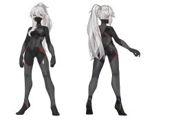 1girl absurdres arms_at_sides black_bodysuit bodysuit breasts commentary_request commission covered_navel from_behind green_eyes grey_hair highres long_hair looking_at_viewer mask medium_breasts mouth_mask multiple_views ninja ninja_mask original ponytail ringobatake second-party_source skin_tight standing tiptoes variant_set very_long_hair white_background