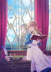 1girl absurdres black_cat black_robe book brown_hair cat curtains gloves hair_between_eyes highres key_visual long_hair long_skirt long_sleeves monica_everett nero_(silent_witch) official_art ponytail promotional_art quill reflection robe silent_witch skirt white_skirt window yellow_eyes
