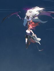 Rule 34 | 2girls, absurdres, ahoge, blue archive, blue eyes, breasts, cleavage, clothes around waist, demon girl, demon horns, demon tail, demon wings, flying, gloves, goggles, goggles around neck, hair ornament, hairclip, halo, highres, hina (blue archive), horns, jacket, jacket around waist, large breasts, long hair, megu (blue archive), multiple girls, norio (norio386), open mouth, parted bangs, ponytail, purple eyes, red hair, red horns, ribbed shirt, ribbed tank top, shirt, skirt, sky, tail, white hair, wings