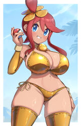 1girl absurdres bikini blue_eyes blush breasts detached_sleeves gold_bikini gold_sleeves gold_thighhighs gonzarez hair_ornament highres holding holding_poke_ball large_breasts long_hair looking_at_viewer midriff navel nintendo poke_ball poke_ball_(basic) pokemon pokemon_bw red_hair short_hair_with_long_locks sidelocks skyla_(pokemon) smile solo swimsuit thighhighs