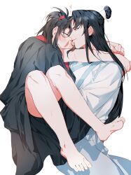 Rule 34 | 2boys, arms around neck, bare legs, barefoot, bishounen, black hair, black hanfu, blush, carrying, chinese clothes, closed eyes, closed mouth, couple, ear blush, feet, full body, hair tie, hanfu, heart, highres, hug, jujeop, korean commentary, lan wangji, long hair, long sleeves, looking at another, male focus, modao zushi, multiple boys, ponytail, princess carry, robe, sidelocks, simple background, smile, sweat, toes, topknot, wei wuxian, wet, white background, white hanfu, wide sleeves, xiao guan (headdress), yaoi, yellow eyes