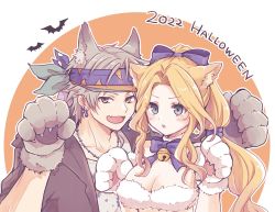 1boy 1girl animal_ears bat_(animal) blonde_hair blue_eyes blush breasts celes_chere cleavage collarbone dated earrings final_fantasy final_fantasy_vi gloves grey_hair halloween halloween_costume headband jewelry large_breasts locke_cole long_hair open_mouth pan_ff6 ponytail upper_body