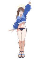 1girl absurdres bikini blue_archive blue_hoodie breasts brown_hair cropped_hoodie eyewear_hang halo highres hood hoodie large_breasts long_hair long_sleeves moe_(blue_archive) moe_(swimsuit)_(blue_archive) navel official_alternate_costume rokun sandals side-tie_bikini_bottom swimsuit twintails unworn_eyewear waving yellow_halo