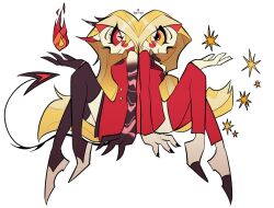 1girl black_thighhighs black_tiara blonde_hair charlie_morningstar colored_skin demon_girl demon_horns demon_tail dress fire formal_clothes hazbin_hotel highres horns pink_suit red_dress red_eyes sitting slit_pupils suit tail thighhighs tiara tppiiiiqqt