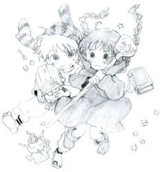 1boy 1girl blush book boots braid closed_eyes coin dress full_body gipple greyscale holding index_finger_raised key kukuri_(mahoujin_guruguru) long_hair long_sleeves mahoujin_guruguru monochrome nike_(company) nike_(mahoujin_guruguru) open_mouth poo_(donkan_gokko) rod sweatdrop treasure treasure_chest twin_braids wand wavy_mouth