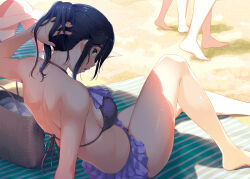 Rule 34 | 1girl, 3others, arm support, bag, barefoot, beach, beach towel, bikini, black hair, breasts, day, frilled bikini, frills, green eyes, hattori mitsuru, highres, kinme wakana, kirei ni shitemoraemasuka, knee up, looking at viewer, looking back, multiple others, open mouth, outdoors, ponytail, purple bikini, sand, sitting, swimsuit, towel