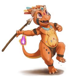 anklet bodypaint bracelet charmander charmeleon claws clothed_pokemon colored_skin commentary commission creature creatures_(company) facial_mark fire flame-tipped_tail game_freak gen_1_pokemon happy holding holding_polearm holding_spear holding_weapon jewelry looking_away looking_up nintendo no_humans orange_skin pokemon pokemon_(creature) pokemon_rgby polearm purple_eyes purple_fire shadow simple_background smile solo spear standing standing_on_one_leg thong twarda8 weapon white_background
