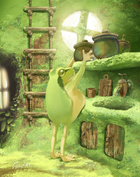 acorn artist_name bucket cutting_board fantasy frog green_theme hachiya_shohei highres indoors ladder moss no_humans original pot solo standing window