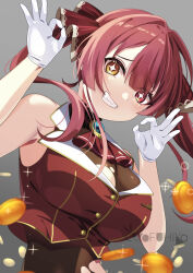 +_+ 1girl ascot black_choker blush breasts choker closed_mouth coin cropped_jacket frilled_choker frills gloves gold_coin hair_ribbon heterochromia hololive houshou_marine houshou_marine_(1st_costume) jacket large_breasts leotard leotard_under_clothes looking_at_viewer red_ascot red_eyes red_hair red_jacket red_ribbon ribbon ryofuhiko sleeveless sleeveless_jacket smile solo virtual_youtuber white_gloves yellow_eyes