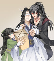 Rule 34 | 1girl, 2boys, a-qing, absurdres, anger vein, aqua eyes, arm around shoulder, arm hug, black hair, blindfold, blue sash, blunt bangs, blush, bright pupils, chinese clothes, chinese commentary, closed mouth, collarbone, cowboy shot, facial scar, fang, furrowed brow, green hanfu, green ribbon, grey sash, hair ribbon, half updo, hand grab, hanfu, helen roro, high ponytail, highres, holding, holding lantern, jewelry, lantern, long hair, long sleeves, looking at another, looking at object, missing finger, modao zushi, multiple boys, necklace, open mouth, painting (action), paper lantern, pectoral cleavage, pectorals, ponytail, red eyes, ribbon, sash, scar, scar on cheek, scar on face, scar on hand, sky lantern, smile, topknot, white blindfold, white hanfu, white pupils, wide sleeves, xiao xingchen, xue yang