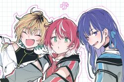 3girls black_hair black_shirt blonde_hair blue_eyes blue_hair blush braid closed_eyes commentary_request eyelashes fangs gradient_hair green_eyes green_hair grey_jacket hair_between_eyes hair_ribbon highres idolmaster idolmaster_va-liv jacket kamizuru_cosmo kyouno letora_(idolmaster) long_hair long_sleeves looking_at_viewer medium_hair multicolored_hair multiple_girls open_mouth purple_hair red_hair red_shirt ribbon shirt short_hair sidelocks smile teeth tomori_manaka two-tone_hair upper_body virtual_youtuber white_background white_hair white_jacket white_shirt zipper zipper_pull_tab