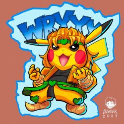 2023 :3 bernhard_binder blonde_hair blush_stickers brown_background color_connection commentary cosplay creatures_(company) dio_brando dio_brando_(cosplay) english_commentary evil_smile full_body game_freak gen_1_pokemon green_headband headband heart jacket jojo_no_kimyou_na_bouken nintendo no_humans pants pikachu pointy_footwear pokemon pokemon_(creature) signature smile solo stardust_crusaders wryyyyyyyyyyyyyyyyyyyy yellow_jacket yellow_pants