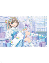 1girl artbook blue_dress blue_eyes bow box candy dress food frilled_socks frills gift grey_hair hair_bow hair_ornament highres holding holding_food long_sleeves looking_at_viewer love_live! love_live!_superstar!! non-web_source official_art one_eye_closed shirt short_hair sitting smile socks solo tang_keke tongue tongue_out white_shirt