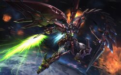 Rule 34 | absurdres, artist logo, blurry, blurry background, commentary, debris, earth (planet), electricity, energy sword, english commentary, exhaust, explosion, full body, glowing, glowing eyes, green eyes, gundam, gundam epyon, gundam wing, highres, holding, holding sword, holding weapon, logo, mecha, mecha focus, mechanical wings, mobile suit, no humans, outstretched arms, planet, porukima, robot, science fiction, solo, space, spread arms, star (sky), sword, v-fin, weapon, whip, wings