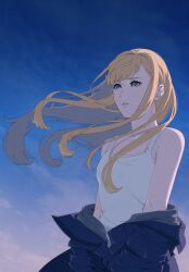 1girl armpit_crease bare_shoulders blonde_hair blue_eyes blue_jacket cloud collarbone dusk enelous eyelashes floating_hair gigi_andalusia gundam gundam_hathaway&#039;s_flash hair_behind_ear hair_intakes highres jacket jacket_partially_removed long_hair looking_afar nose outdoors parted_lips sky solo swept_bangs tank_top upper_body white_tank_top