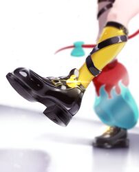 Rule 34 | 1girl, absurdres, black shoes, blue leg warmers, bow, feet only, flame print, footwear focus, hakos baelz, highres, hololive, hololive english, kneehighs, leg lift, leg warmers, luke s (artist), mouse tail, red leg warmers, shoe soles, shoes, single kneehigh, single leg warmer, single sock, socks, solo, standing, standing on one leg, tail, tail bow, tail ornament, virtual youtuber, yellow socks