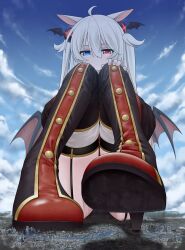 Rule 34 | 1girl, absurdres, alice claudia, animal ears, bat wings, bell sleeves, black pants, blue eyes, boots, buttons, city, closed mouth, cloud, cross, expressionless, garter belt, giant, giantess, hair ornament, heterochromia, high heels, highres, long hair, long sleeves, looking down, pants, rabbit ears, red eyes, size difference, soles, thigh boots, twintails, underwear, very long hair, very long sleeves, white hair, wings