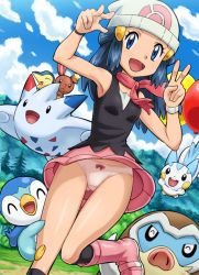 1girl :d armpits beanie black_shirt black_socks blue_eyes blue_hair boots bow bow_panties buneary cyndaquil dawn_(pokemon) gen_2_pokemon gen_4_pokemon hair_ornament hat kneehighs long_hair mamoswine matching_hair/eyes miniskirt nintendo open_mouth pachirisu panties pantyshot pink_boots pink_panties pink_scarf pink_skirt piplup pokemoa pokemon pokemon_(anime) pokemon_(creature) print_headwear red_scarf scarf shirt skirt sleeveless smile socks standing thigh_gap togekiss underwear v watch white_hat