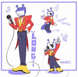 1boy ant_tenna arm_up crt deltarune full_body gloves grey_pants hand_on_own_hip heart highres holding holding_microphone korean_commentary male_focus microphone minteutokki1 multiple_views necktie object_head open_mouth outstretched_arm pants pointing pointing_up pointy_nose shoes smile spoken_heart tailcoat white_gloves yellow_necktie yellow_shoes
