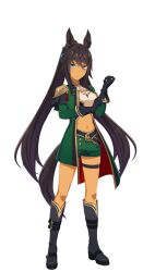 Rule 34 | 1girl, adjusting clothes, adjusting gloves, animal ears, armor, ascot, bad link, bandeau, belt, black belt, black boots, black hair, blue eyes, boots, breasts, closed mouth, coat, dark-skinned female, dark skin, earrings, full body, game model, gloves, green coat, green shorts, hair between eyes, hair ornament, hairclip, highres, horse ears, horse girl, horse tail, jewelry, large breasts, long hair, midriff, navel, necklace, open clothes, open coat, parted hair, ponytail, shorts, shoulder armor, single earring, solo, standing, symboli kris s (umamusume), tachi-e, tail, thigh strap, transparent background, umamusume, very long hair, white ascot, white bandeau