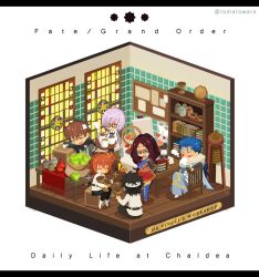 3boys 3girls bandaid bandaid_on_face bookshelf brown_hair closed_eyes copyright_name cu_chulainn_(caster)_(fate) cu_chulainn_(fate) fate/grand_order fate_(series) fujimaru_ritsuka_(female) fujimaru_ritsuka_(male) hector_(fate) holy_grail_(fate) hot_chocolate leonardo_da_vinci_(fate) level-k mash_kyrielight multiple_boys multiple_girls one_eye_closed open_mouth purple_hair red_eyes shirt short_hair sitting stained_glass white_shirt
