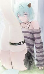 1girl absurdres alternate_costume animal_ears aqua_hair bare_shoulders black_nails black_skirt blue_archive closed_mouth commentary_request crossed_bangs flippy_(cripine111) hair_between_eyes halo heart heart_o-ring highres indoors jewelry legs_up long_sleeves necklace o-ring o-ring_thigh_strap off_shoulder shigure_(blue_archive) short_hair skirt smile solo tail thigh_strap thighhighs weasel_ears weasel_girl weasel_tail white_thighhighs