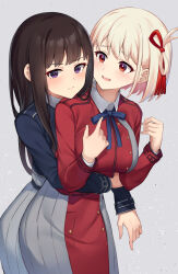 Rule 34 | 2girls, absurdres, black hair, blonde hair, blue dress, blue ribbon, blush, breasts, closed mouth, commentary request, dress, grey background, grey dress, hair ribbon, hair rings, highres, hug, hug from behind, inoue takina, long hair, long sleeves, looking at another, lycoris recoil, lycoris uniform, multiple girls, neck ribbon, nishikigi chisato, one side up, open mouth, pizza (pizzania company), pleated dress, purple eyes, red dress, red eyes, red ribbon, ribbon, short hair, simple background, single hair ring, sweat, yuri