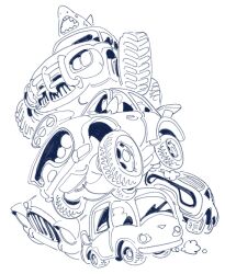 car greyscale monochrome motor_vehicle no_humans nostrils open_mouth original shark sharp_teeth sido_(slipknot) simple_background smoke teeth vehicle_focus vehicle_request wheel