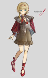 1girl absurdres ankle_ribbon blonde_hair blue_eyes braid braided_bangs brown_dress character_name cloak closed_mouth dress foot_up full_body grey_background hand_up highres kiperina leg_ribbon looking_at_viewer neckerchief red_cloak red_neckerchief red_ribbon red_shoes reverse:1999 ribbon shoes short_dress solo standing standing_on_one_leg towano_(0qjftwn)