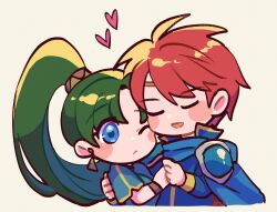 1boy 1girl blue_cape blue_eyes blush cape closed_eyes eliwood_(fire_emblem) fire_emblem fire_emblem:_the_blazing_blade green_hair hand_grab heart highres hug lyn_(fire_emblem) nintendo open_mouth ponytail red_hair simple_background ttt_fe3