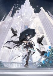 1girl absurdres aqua_flower aqua_rose arcaea arm_cutout axleaki bird black_boots black_bow black_capelet black_dress black_hair black_nails black_pantyhose black_umbrella blue_eyes blue_flower blue_rose boots bow bowtie brooch capelet closed_mouth clothing_cutout corset crossed_bangs crow dress expressionless falling_petals flat_chest floating_hair flower flower_brooch frilled_dress frilled_umbrella frills full_body glass_shards gold_trim hair_flower hair_ornament hashtag-only_commentary highres holding holding_umbrella jewelry lace-trimmed_umbrella long_hair long_sleeves looking_at_viewer nail_polish neck_flower night night_sky outdoors palace pantyhose petals pleated_capelet rose sidelocks sky solo stairs standing tairitsu_(arcaea) tairitsu_(grievous_lady)_(arcaea) umbrella very_long_hair wind