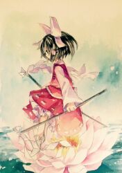 Rule 34 | 1girl, black eyes, black hair, commentary request, flat chest, flower, gohei, hair ribbon, hair tubes, hakurei reimu, hakurei reimu (seihou), holding, holding gohei, kaigen 1025, long sleeves, lotus, medium hair, no shoes, petticoat, pink skirt, pink vest, ribbon, ribbon-trimmed skirt, ribbon trim, seihou, shirt, shuusou gyoku, skirt, socks, solo, vest, white ribbon, white shirt, white socks