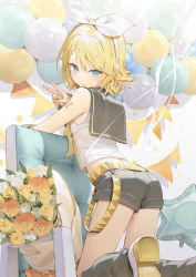 1girl arms_up ass back balloon belt blonde_hair blue_eyes blush boots bouquet bow chair closed_mouth confetti detached_sleeves duplicate eyelashes fingernails flower from_behind grey_boots grey_flower grey_rose grey_shirt grey_shorts hair_between_eyes hairband hands_up headphones highres kagamine_rin kitada_mo leaf long_fingernails long_sleeves looking_back nail_polish necktie orange_bow orange_flower pixel-perfect_duplicate pocket ribbon rose seiza shadow shirt short_hair short_shorts shorts sitting smile solo star_(symbol) star_balloon triangle vocaloid white_hairband white_ribbon wide_sleeves yellow_belt yellow_flower yellow_nails yellow_necktie
