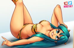 1girl blue_eyes breasts cleavage curvy female_focus long_hair looking_at_viewer looking_back lum medium_breasts nortuet simple_background smile solo urusei_yatsura white_background wide_hips