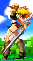 Rule 34 | 1girl, alternate costume, alternate hairstyle, armlet, artist logo, artist name, ass, belt, boots, borudbrian, braid, breasts, capelet, clima-tact, cloud, cloudy sky, crop top, fur-trimmed boots, fur-trimmed capelet, fur trim, hat, high heels, highres, holding, holding sword, holding weapon, jewelry, large breasts, leg warmers, lego, logo, loincloth, long hair, looking at viewer, midriff, muscular, muscular female, nami (one piece), nami (one piece) (elbaf), official alternate costume, official alternate hairstyle, one piece, orange hair, shoulder tattoo, sky, sleeveless, solo, straw hat, sword, tattoo, thick thighs, thigh belt, thigh strap, thighs, weapon, yellow capelet