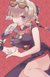 1girl absurdres black_dress black_gloves blonde_hair breasts china_dress chinese_clothes clothing_cutout cowboy_shot dress eyewear_on_head fingerless_gloves gloves hair_over_one_eye hand_fan highres holding holding_fan large_breasts looking_at_viewer purple_eyes single_fingerless_glove smile sweety_(zenless_zone_zero) tinted_eyewear tuanshan underboob_cutout yellow-tinted_eyewear yuni_(unitary_580) zenless_zone_zero