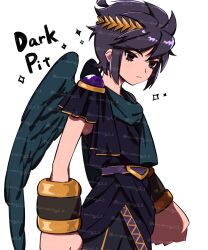 Rule 34 | 1boy, ahoge, angel, angel wings, belt, belt buckle, blue scarf, blue wings, bracer, buckle, character name, closed mouth, dark pit, empty eyes, feathered wings, frown, gold trim, kid icarus, kid icarus uprising, ko iwari ngo, laurel crown, male focus, nintendo, purple belt, scarf, short hair, sidelocks, solo, spiked hair, white background, wings